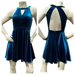 ALTAR’D STATE Deep Teal Blue Velvet Sleeveless Halter Cut Out Pleated Mini Dress